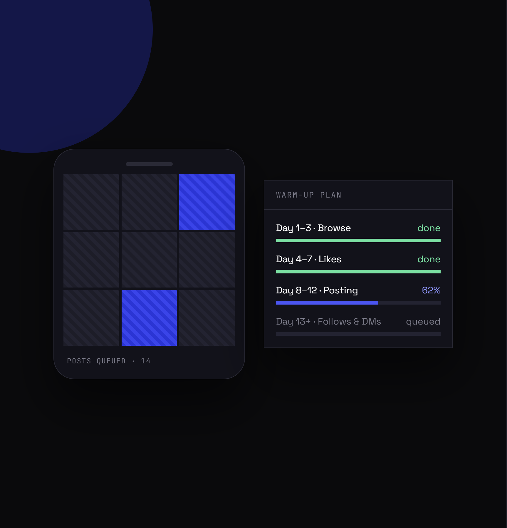 Instagram warm-up: queued posts and the warm-up plan